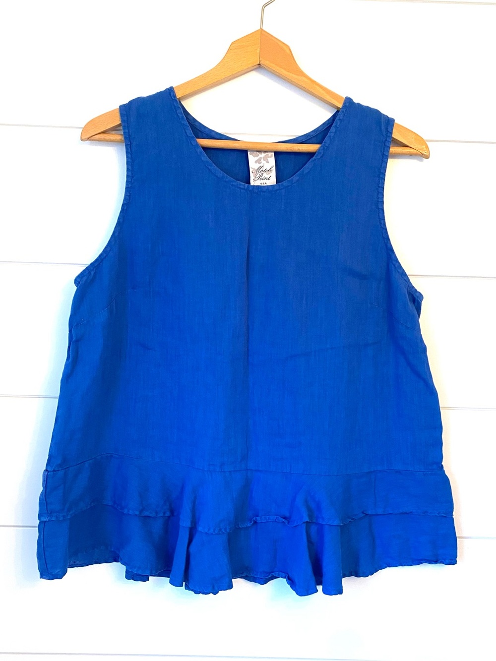 “Match point” Blue Sleeveless Ruffle-Hem Women's Top. (Size large)